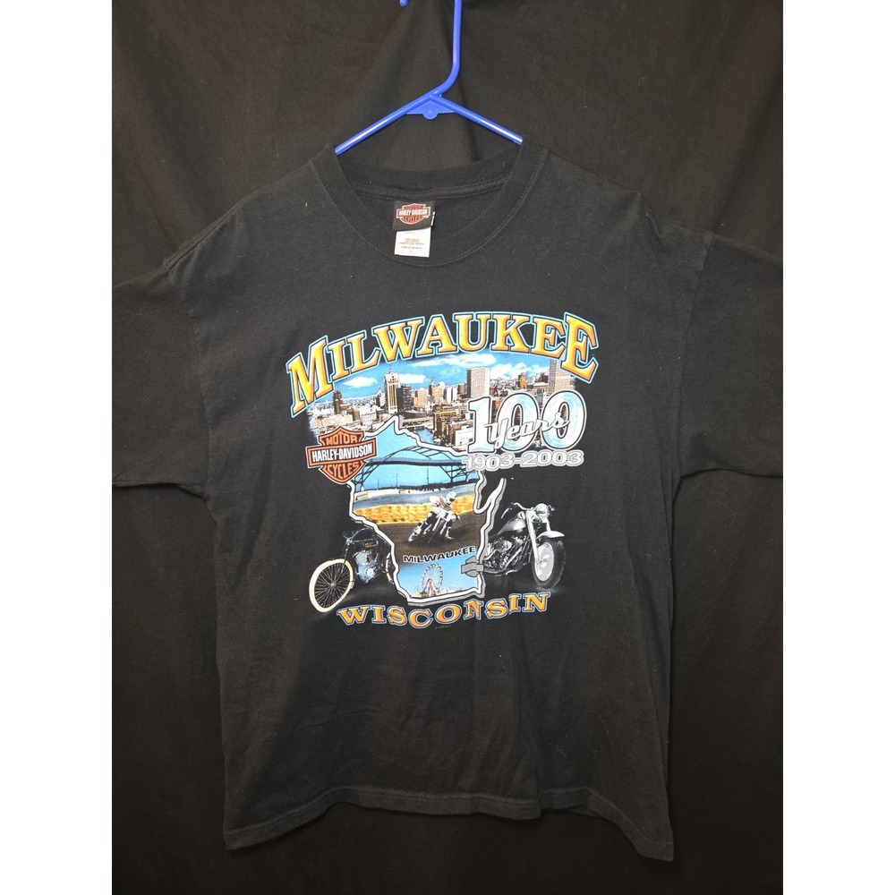 Harley Davidson 2003 100th Year Anniversary Vintage Milwaukee WI 2 Side T Size L